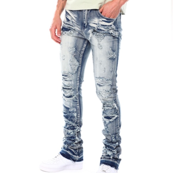 Blue ripped stacked jeans - Picture 1 of 3